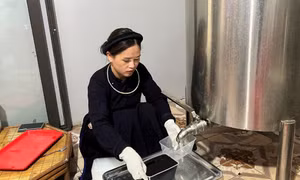 Chị Đinh Thị Kim Tuyên chủ Cơ sở sản xuất Thạch đen Đinh Tuyên làm thạch đen. Ảnh: Chu Hiệu-TTXVN