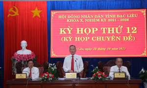 Bí thư Tỉnh ủy, Chủ tịch HĐND tỉnh Bạc Liêu Lữ Văn Hùng phát biểu tại Kỳ họp. Ảnh: Chanh Đa - TTXVN