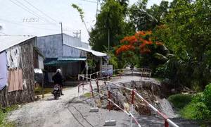 Đường tạm được mở cạnh đường tỉnh 965, xã An Minh Bắc được mở để đảm bảo cho các phương tiện xe 2 bánh lưu thông. Ảnh: Văn Sĩ - TTXVN