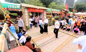 Du khách và đồng bào dân tộc Mường tham gia nhảy sạp tại Tuần Văn hóa, Du lịch Mộc Châu năm 2024. Ảnh: Quang Quyết - TTXVN