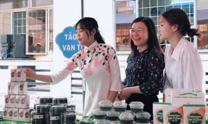 Hợp tác xã Nông nghiệp công nghệ cao Vạn Tường, xã Bình Hải, huyện Bình Sơn (Quảng Ngãi) giới thiệu các sản phẩm làm từ tảo xoắn tại một phiên chợ hàng Việt. Ảnh: baoquangngai.vn