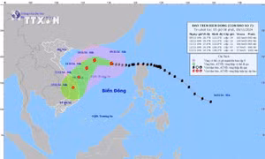 Hướng di chuyển của bão số 7 cập nhật lúc 4 giờ, ngày 9/11. Ảnh: TTXVN phát