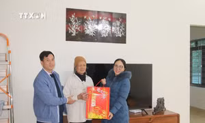 Ủy ban Nhân dân phường tặng quà Tết cho bà Trần Thị Vượng (76 tuổi) ở tổ 4, khu Tân Lập 2, phường Phương Đông, thành phố Uông Bí (Quảng Ninh). Bà đã được hỗ trợ 80 triệu xây dựng nhà mới. Ảnh: Thanh Vân - TTXVN
