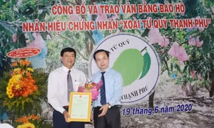 Ông Trần Giang Khuê trao văn bằng bảo hộ cho huyện Thạnh Phú.Ảnh: baodongkhoi.vn