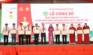 Tặng Bằng khen của Chủ tịch UBND tỉnh Trà Vinh cho các cá nhân có thành tích tiêu biểu trong xây dựng huyện nông thôn mới nâng cao. Ảnh: Thanh Hòa - TTXVN