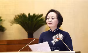 Bộ trưởng Bộ Nội vụ Phạm Thị Thanh Trà trình bày Tờ trình dự án Luật Thực hiện dân chủ ở cơ sở. Ảnh: Doãn Tấn – TTXVN