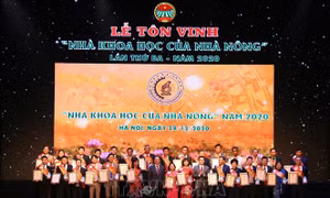 Đại đại diện các nhà tài trợ, đơn vị đồng hành nhận hoa và Kỷ niệm chương (bảng vàng ghi danh) của Ban tổ chức chương trình. Ảnh: Hoàng Hiếu - TTXVN
