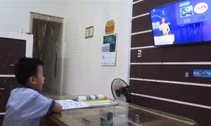  Học sinh lớp 1 học qua truyền hình. Ảnh: Tường Vi - TTXVN 