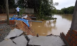 Sạt lở đe dọa nghiêm trọng đến đời sống của hàng chục hộ dân sống hai bên bờ sông Ngàn Mọ, huyện Cẩm Xuyên. Ảnh: Hoàng Ngà – TTXVN