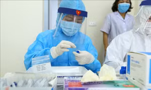 Nhân viên y tế lấy mẫu xét nghiệm nhanh cho người về từ Đà Nẵng, tại phường Bách Khoa và phường Cầu Dền (quận Hai Bà Trưng) sáng 01/8/2020. Ảnh: Minh Quyết - TTXVN