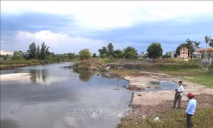 Đê kè bờ sông Bầu Bợm để bảo vệ làng Hà Lộc, bị lũ cuốn trôi đã gần 4 năm, nhưng chưa được khắc phục. Ảnh: Nguyên Lý-TTXVN