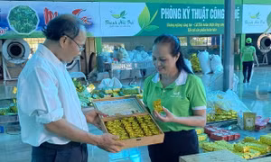 Bà Nguyễn Thị Hải, Giám đốc Hợp tác xã chè La Bằng, giới thiệu sản phẩm của Hợp tác xã chè La Bằng với khách hàng. Ảnh: thainguyen.gov.vn