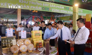 Các đại biểu tham quan, tìm hiểu sản phẩm OCOP tại các gian hàng. Ảnh: Lê Huy Hải - TTXVN 