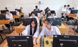 Trường THPT Tiền Phong (huyện Mê Linh, Hà Nội) duy trì việc mở các phòng máy tính có kết nối internet và bố trí giáo viên trực, sẵn sàng hỗ trợ học sinh trong suốt thời gian đăng ký dự thi từ ngày 2/5 đến 17h ngày 10/5. Trong trường hợp học sinh đăng ký tại nhà, nếu gặp khó khăn, thắc mắc, giáo viên cũng sẵn sàng hỗ trợ. Ảnh: Thanh Tùng - TTXVN