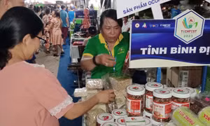 Giới thiệu sản phẩm OCOP tiêu biểu của các địa phương tại Ngày hội Khởi nghiệp sáng tạo tỉnh Quảng Nam lần thứ 4. Ảnh: Đoàn Hữu Trung - TTXVN