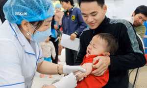 Đưa trẻ đi tiêm chủng theo lịch tiêm các vắc xin có chứa thành bạch hầu (DPT-VGB-Hib, DPT…) đầy đủ, đúng lịch để đảm bảo miễn dịch phòng bệnh cho trẻ trong độ tuổi tiêm chủng. Ảnh: Minh Quyết – TTXVN 