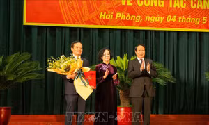 Đồng chí Trương Thị Mai, Ủy viên Bộ Chính trị, Bí thư Trung ương Đảng, Trưởng Ban Tổ chức Trung ương trao quyết định và chúc mừng đồng chí Trần Lưu Quang. Ảnh: TTXVN