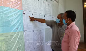 Cử tri xã Phước Trung, huyện Bác Ái tìm hiểu tiểu sử của các ứng cử viên đại biểu Quốc hội và HĐND các cấp tại tổ bầu cử số 5 ở địa phương. Ảnh: Công Thử - TTXVN
