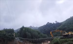 Sạt lở đã cuốn trôi hàng nghìn m3 đất và cây cối . Ảnh: Hồ Cầu-TTXVN 