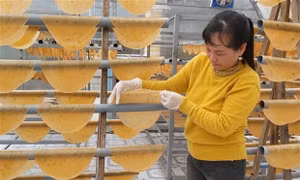 Kiểm tra bánh phồng tôm trong lò sấy bằng năng lượng mặt trời, có hộ có thể cung ứng 1 tấn bánh phồng tôm mỗi tháng. Ảnh: Hồng Nhung/TTXVN