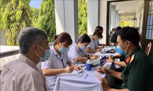 Nhân viên y tế thuộc Trung tâm Y tế Quân dân y huyện Côn Đảo Khám sàng lọc trước khi tiêm vaccine cho các đối tượng ưu tiên. Ảnh: TTXVN