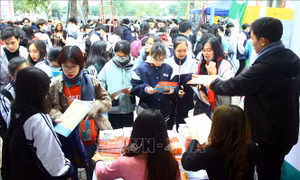 Học sinh tìm hiểu thông tin về các trường đại học, cao đẳng tại gian hàng tư vấn. Ảnh: Tá Chuyên - TTXVN