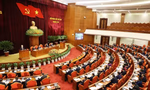 Tổng Bí thư Nguyễn Phú Trọng và các đồng chí lãnh đạo Đảng, Nhà nước dự khai mạc hội nghị. Ảnh: Trí Dũng –TTXVN 