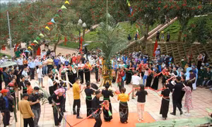 Lễ hội Kin Pang có nhiều nghi lễ, trò diễn, điệu múa, phản ánh quan niệm tín ngưỡng, tư duy sáng tạo của người Thái đen ở Than Uyên. Ảnh: Đinh Thùy-TTXVN 