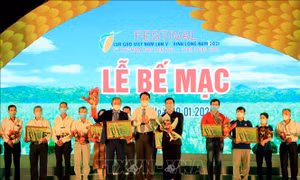 Chủ tịch UBND tỉnh Vĩnh Long Lữ Quang Ngời trao giải Nhất Cuộc thi Gạo ngon thương hiệu Việt cho Công ty cổ phần Tập đoàn Lộc Trời. Ảnh: Phạm Minh Tuấn-TTXVN.