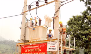 Cán bộ kỹ thuật của điện lực Thái Nguyên đóng điện cho công trình điện xóm Cao Biền. Ảnh: Hoàng Nguyên - TTXVN
