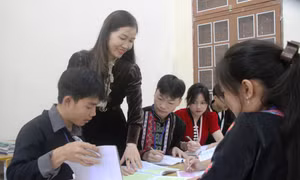 Cô giáo Nguyễn Thị Mai hướng dẫn học sinh làm bài tập thực hành. Ảnh: Phan Quân - TTXVN