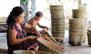Việc phát triển làng nghề đan lát Phước Qưới góp phần tạo việc làm, nâng cao đời sống cho đồng bào dân tộc Khmer ở xã Phú Tân (Châu Thành, Sóc Trăng). Ảnh: An Hiếu