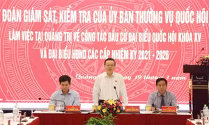 Phó Chủ tịch Quốc hội, Ủy viên Hội đồng bầu cử quốc gia Phùng Quốc Hiển phát biểu tại buổi làm việc. Ảnh: Nguyên Lý-TTXVN 