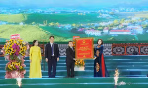 Phó Chủ tịch Quốc hội Nguyễn Thị Thanh trao Nghị quyết của Ủy ban Thường vụ Quốc hội cho Thường trực Huyện ủy, HĐND, UBND, Ủy ban MTTQ Việt Nam huyện Mộc Châu (Sơn La). Ảnh: Quang Quyết - TTXVN