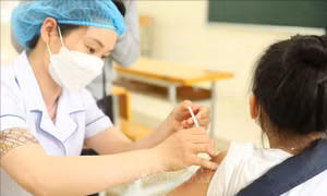 Nhân viên y tế quận Hà Đông tiêm vaccine phòng COVID-19 cho học sinh lớp 6 tại điểm tiêm chủng trường THCS Lê Quý Đôn. Ảnh: Minh Quyết - TTXVN