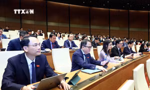 Đại biểu Quốc hội biểu quyết thông qua Nghị quyết về một số cơ chế, chính sách đặc thù để tháo gỡ khó khăn, vướng mắc, đẩy nhanh tiến độ thực hiện các chương trình mục tiêu quốc gia. Ảnh: Phạm Kiên - TTXVN