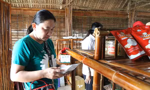Khách ngoài tỉnh tham quan, mua các sản phẩm OCOP tại Cửa hàng giới thiệu sản phẩm OCOP tại thị xã Duyên Hải, tỉnh Trà Vinh. Ảnh: Thanh Hòa - TTXVN