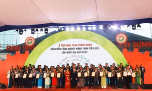 Đại diện Lãnh đạo các bộ, ngành trao Giấy chứng nhận sản phẩm CNNT tiêu biểu 2023 cho doanh nghiệp, cơ sở sản xuất. Ảnh: haiquanonline.com.vn