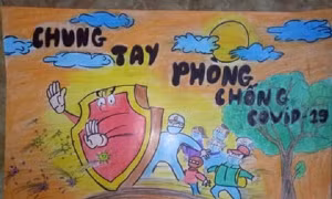 Tranh vẽ cổ động phòng chống dịch COVID-19 của học sinh huyện Thanh Oai (Hà Nội). Ảnh: soyte.hanoi.gov.vn