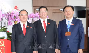 Ông Trần Văn Nam (ngoài cùng bên trái), Bí thư Tỉnh ủy Bình Dương, ông Trần Xuân Lâm (giữa), Chánh thanh tra tỉnh Bình Dương và ông Nguyễn Văn Đông, Bí thư Thành ủy Thủ Dầu Một. Ảnh: TTXVN phát