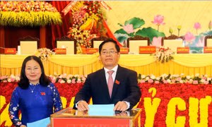 Ông Phạm Viết Thanh, Bí thư Tỉnh ủy và bà Nguyễn Thị Yến, Phó Bí thư Tỉnh ủy Bà Rịa-Vũng Tàu khóa VI, nhiệm kỳ 2015-2020 bỏ phiếu bầu Ban Chấp hành Đảng bộ tỉnh Bà Rịa-Vũng Tàu. Ảnh: Hoàng Nhị - TTXVN