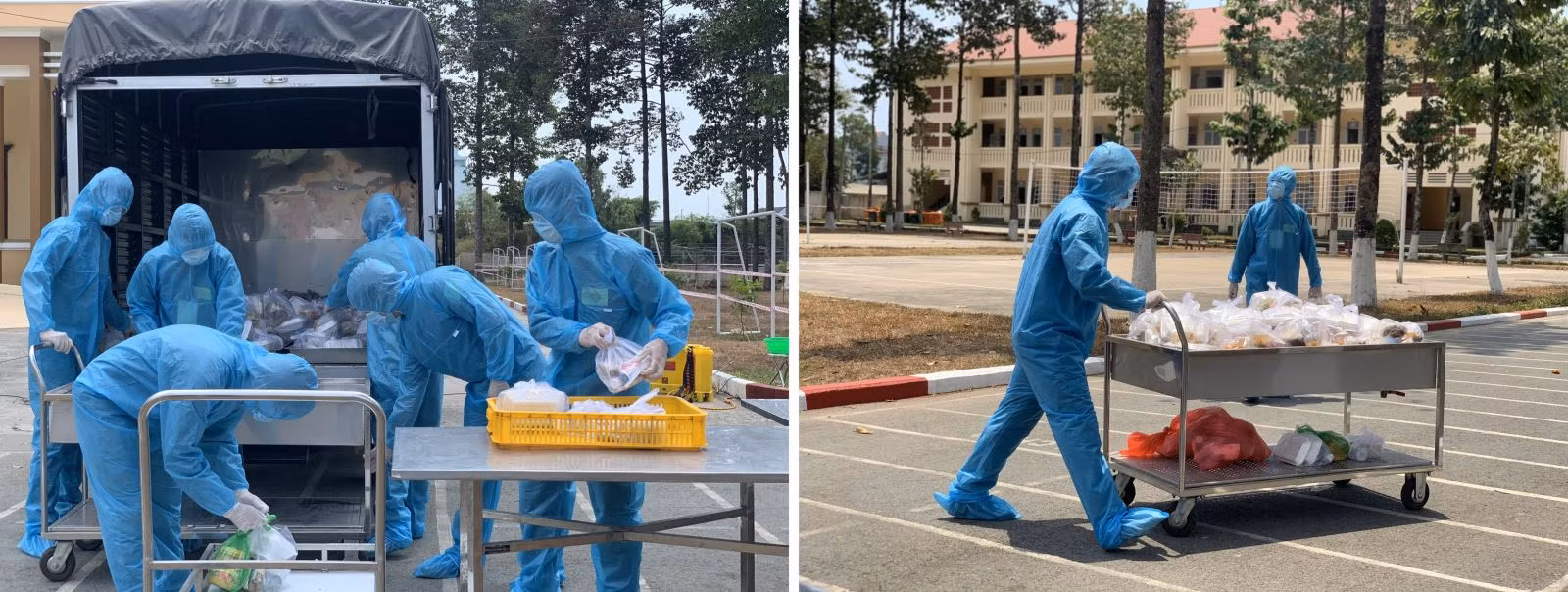 Thời tiết TP Hồ Chí Minh khá nóng nhưng lúc nào các chiến sỹ, dân quân tự vệ cũng phải mang bộ đồ bảo hộ kín mít từ đầu đến chân để mang cơm cho người đang thực hiện cách ly.