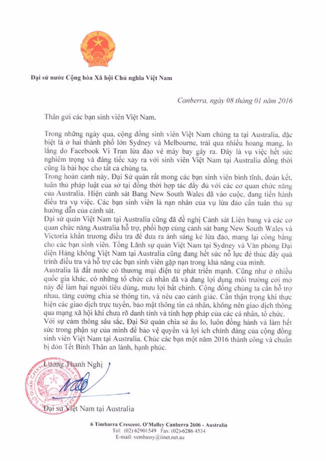 Đại sứ Việt Nam tại Australia gửi thư cho du học sinh ảnh 1