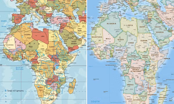 Châu Phi trên bản đồ thế giới truyền thống sử dụng phép chiếu Mercator (bên trái) và trên bản đồ Equal Earth năm 2018 (bên phải). Ảnh: equal-earth.com