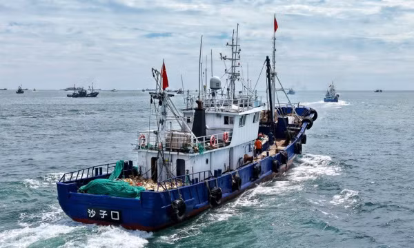 Một tàu đánh cá đang rời cảng ở Biển Hoàng Hải, Trung Quốc. Ảnh: Tân Hoa Xã
