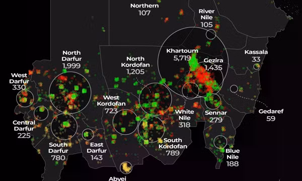 Bản đồ các cuộc tấn công tại Sudan giai đoạn 2023-2026. Nguồn: ACLED/Al Jazeera