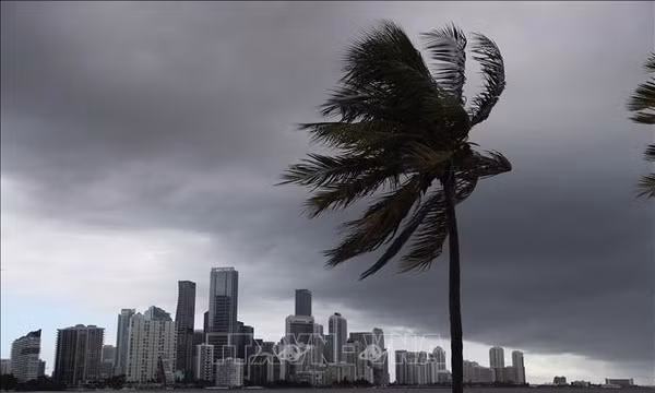 Mây đen và gió lớn khi bão Isaias đổ bộ vào bờ biển bang Florida, Mỹ năm 2020. Ảnh: AFP/TTXVN (Không được phép chia sẻ và sử dụng bởi bên thứ ba)