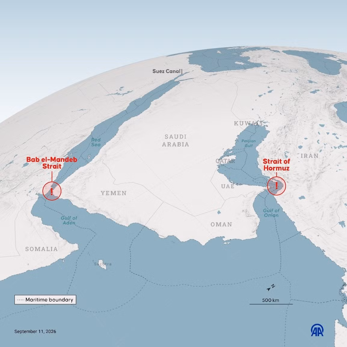 Đồ họa về “Eo biển Bab el-Mandeb và Eo biển Hormuz”, được thực hiện tại Ankara, Thổ Nhĩ Kỳ, ngày 11/9/2026. Ảnh: AA/TTXVN