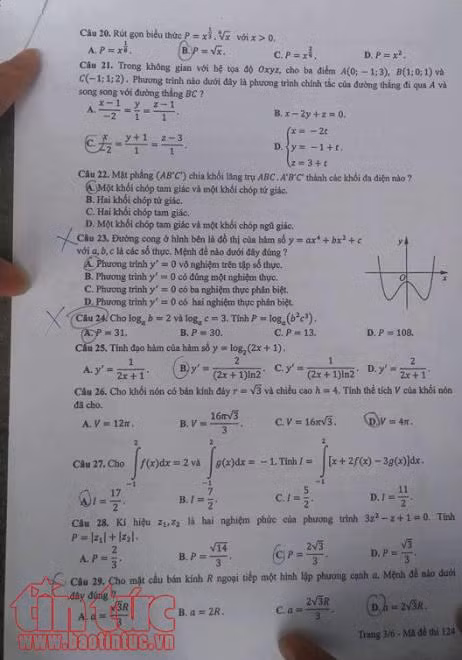 Đáp án của mã đề thi Toán 124 ảnh 3