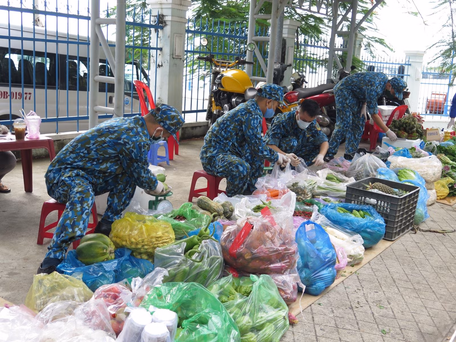 Cán bộ, học viên Trường Sĩ quan Không quân phân loại thực phẩm thành các đơn hàng cung ứng cho người dân xã Vĩnh Thọ, thành phố Nha Trang (Khánh Hòa).